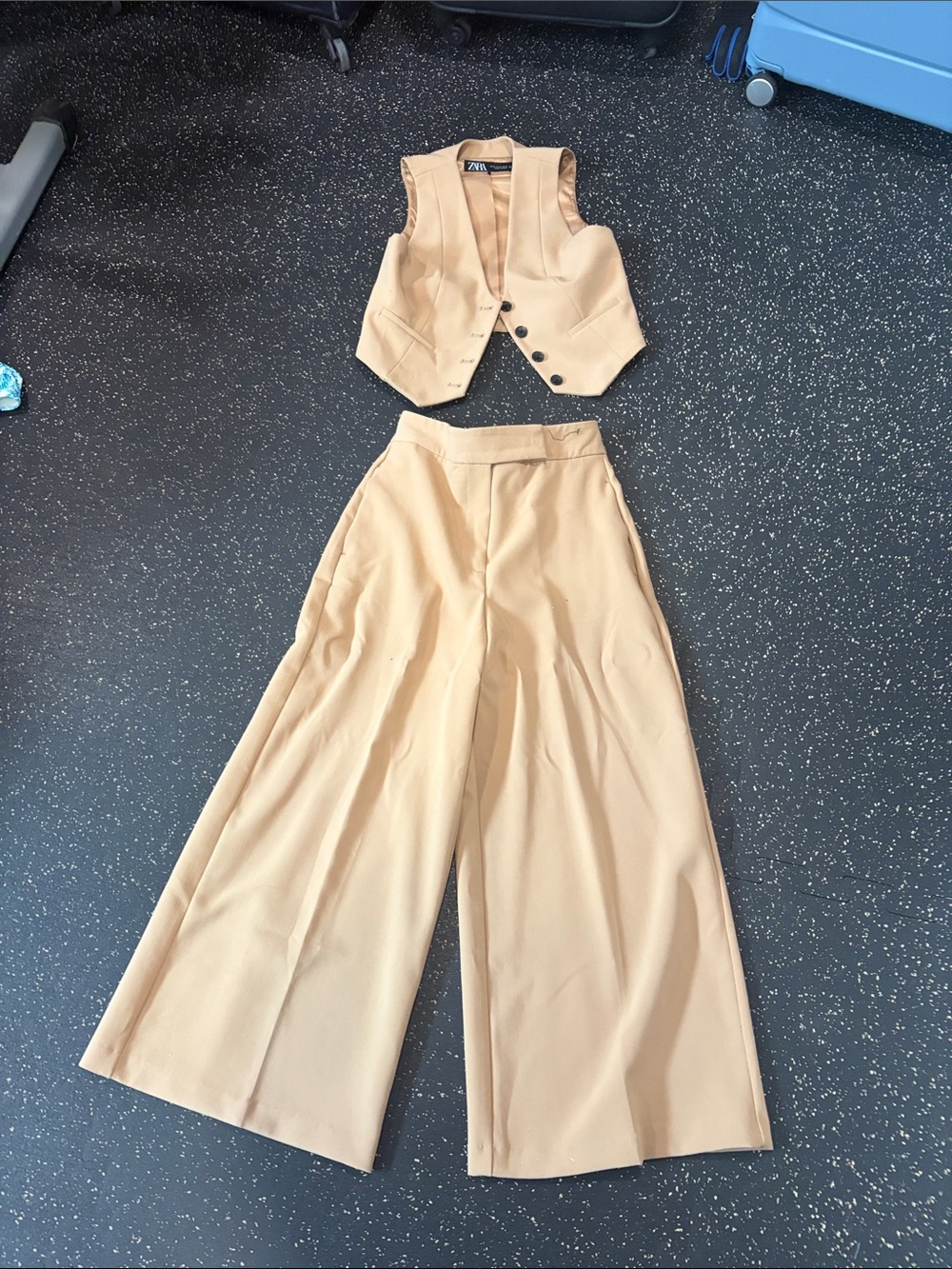Zara Tan Wide-Leg Pants with Matching Vest
